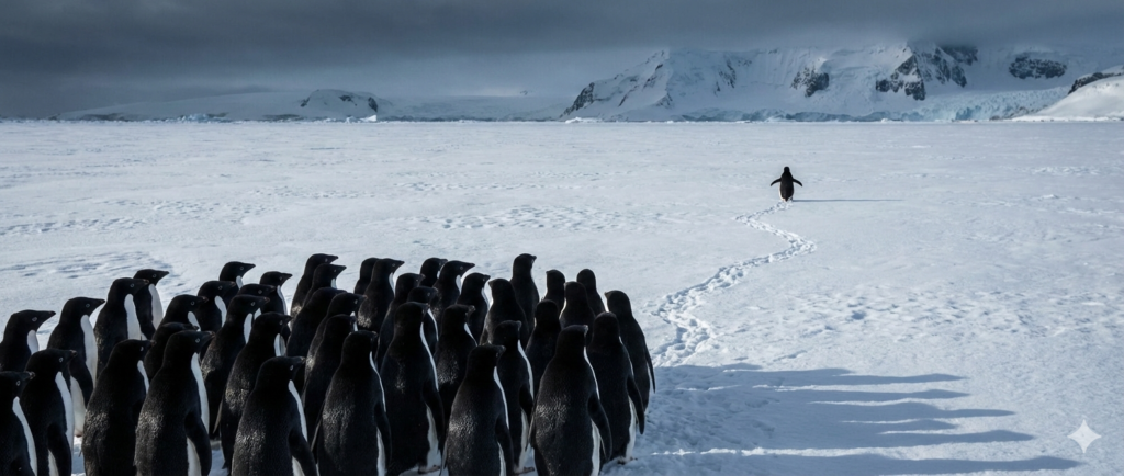 Showing Nihilist Penguin going away from the group.