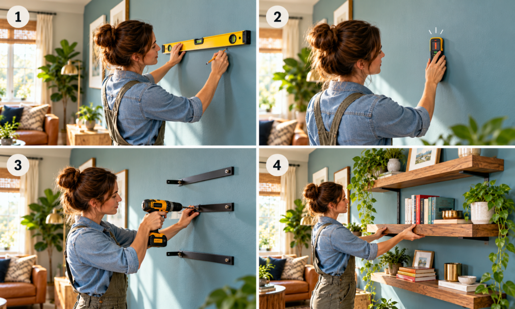 Four-step visual checklist for how to install floating shelves