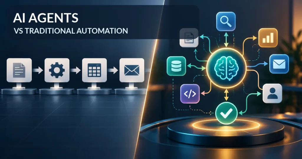 AI agents vs traditional automation illustrated with a linear workflow on one side and an AI agent connected to multiple tools on the other.