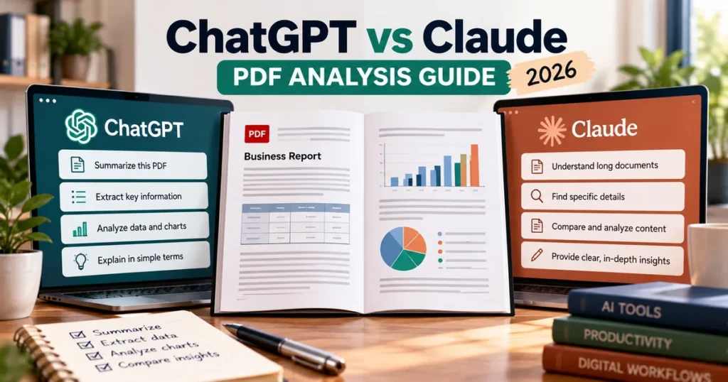 ChatGPT vs Claude for PDF analysis illustration showing two AI tools beside an open report with charts and tables