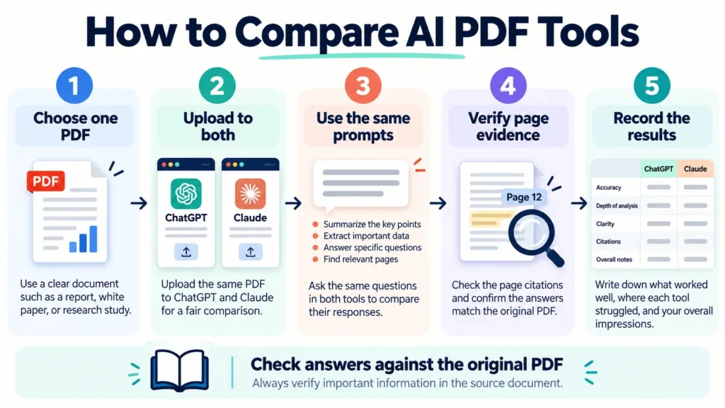 ChatGPT vs Claude for PDF analysis workflow showing identical prompts, source verification, and result comparison