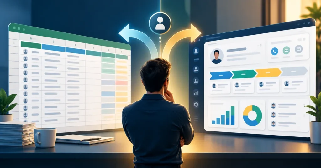 CRM vs spreadsheets for small business illustrated by a basic spreadsheet and customer management dashboard.