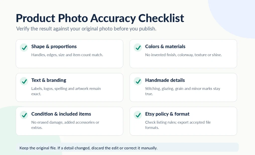 Product photo accuracy checklist for verifying shape, colors, branding, handmade details, condition, and Etsy listing requirements