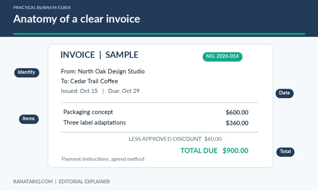 Annotated fictional freelance invoice explaining identifiers, billing details, line items, due date, total, and payment method.