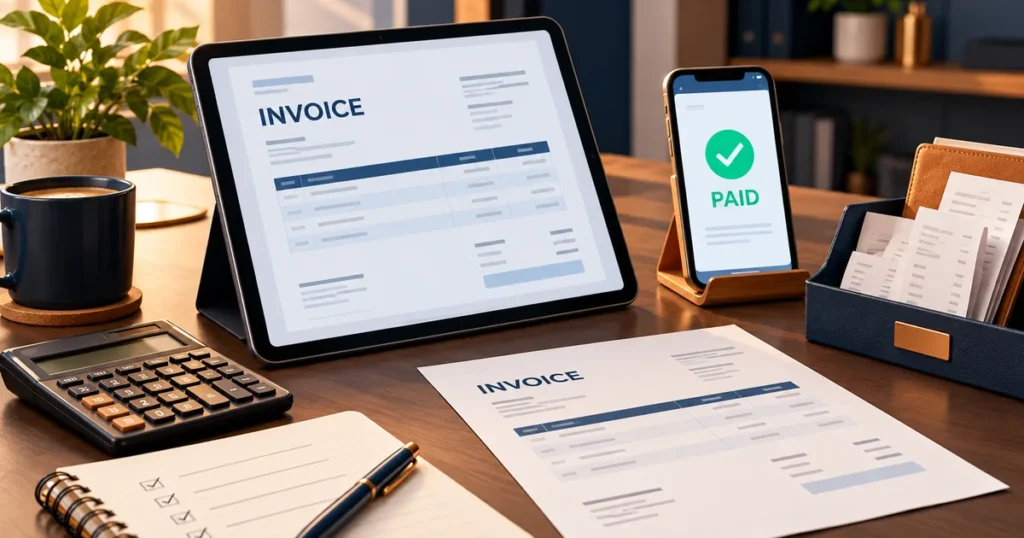 Freelance invoice checklist concept with sample invoice, calculator, and payment confirmation on a desk.