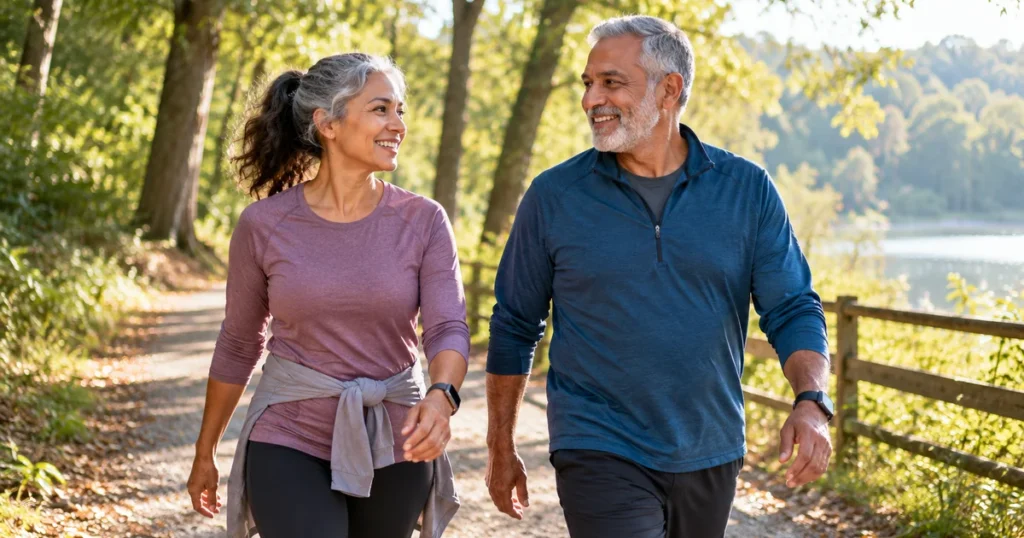 Two older adults walking together on a tree-lined path by a lake