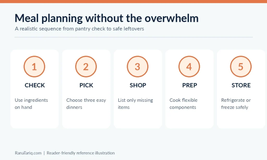 Five-step meal-planning process from checking food at home to safe storage