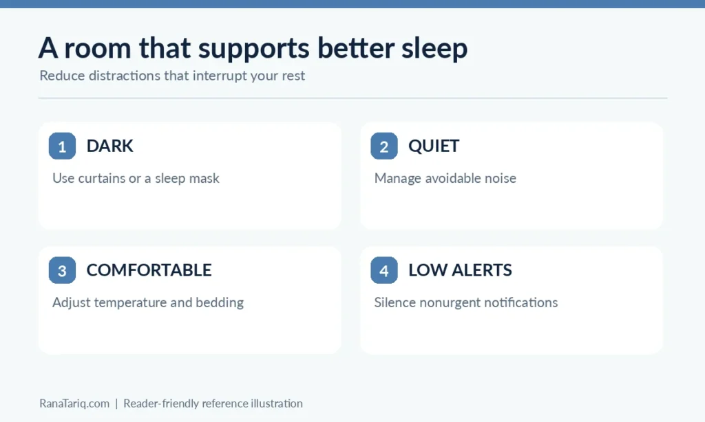 Sleep-friendly bedroom checklist covering darkness, quiet, comfort and fewer alerts