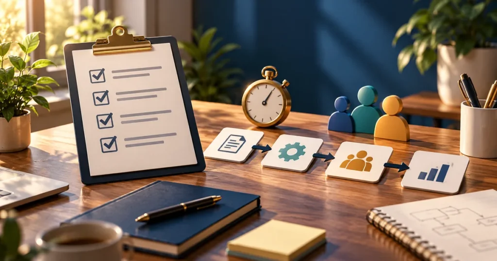 Illustration of how to write a standard operating procedure, showing a checklist and process diagram on a desk.