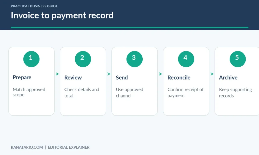 Five-step invoice management workflow covering creation, verification, sending, payment reconciliation, and archiving.