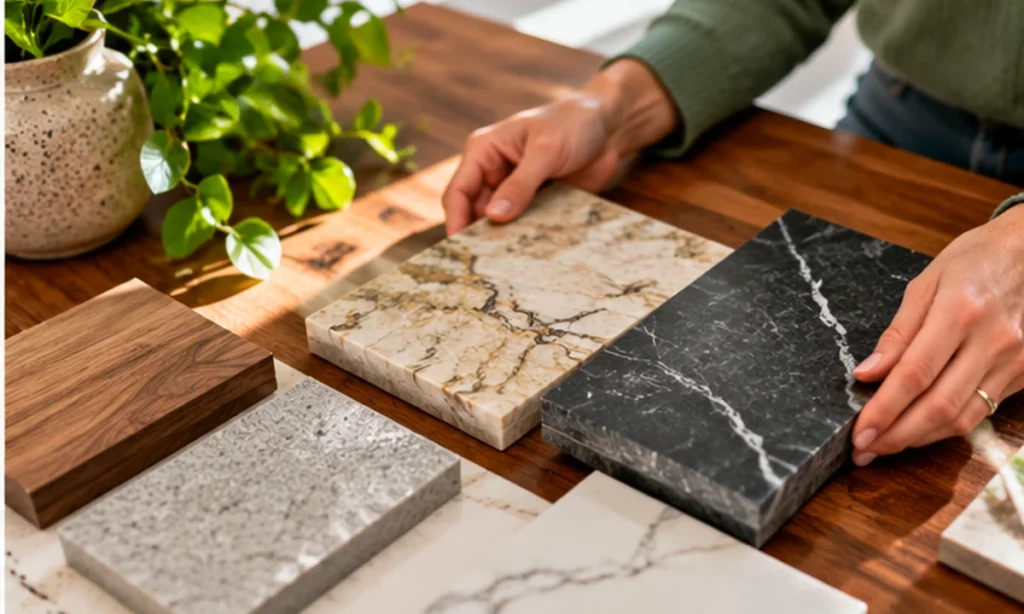 Hands comparing light and dark countertop samples on a wooden table