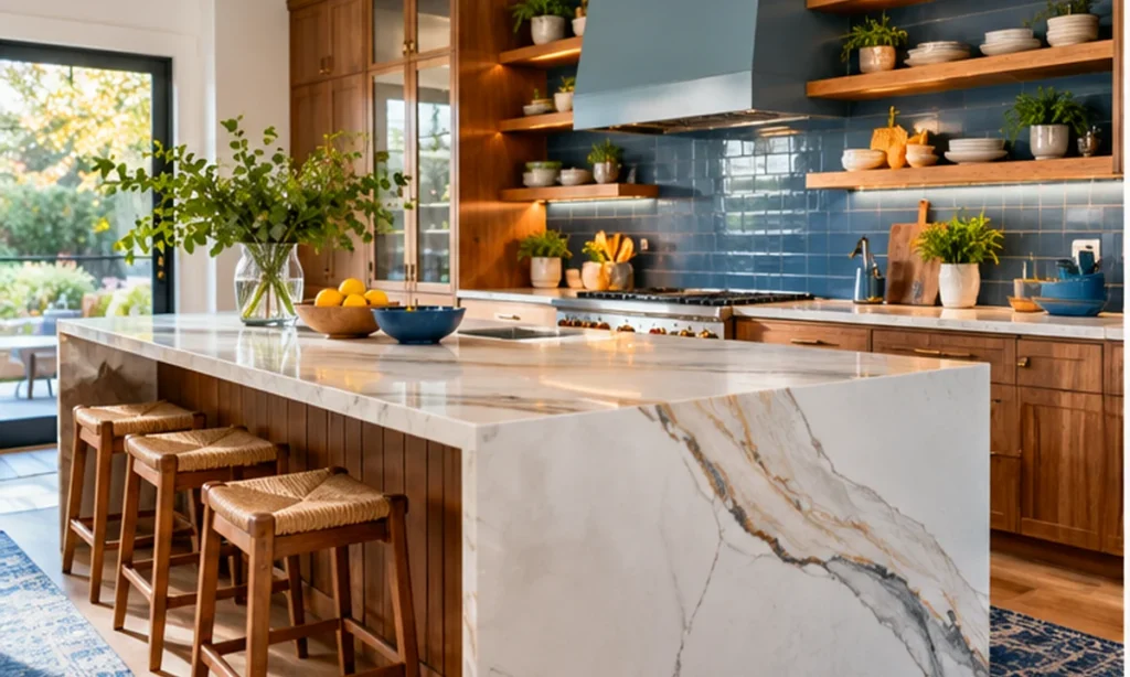 Sunlit kitchen with a waterfall-style veined island, wood cabinetry and blue accents