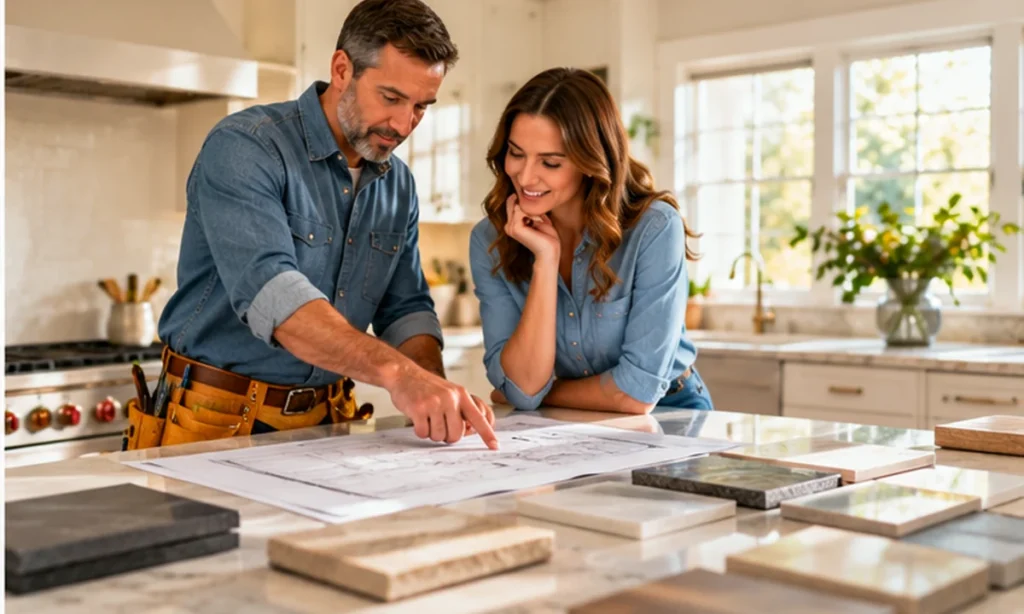 Homeowner and installer examining a kitchen renovation plan and surface samples