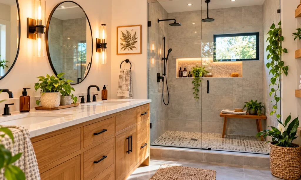 Bright contemporary bathroom with stone-look vanity and glass shower
