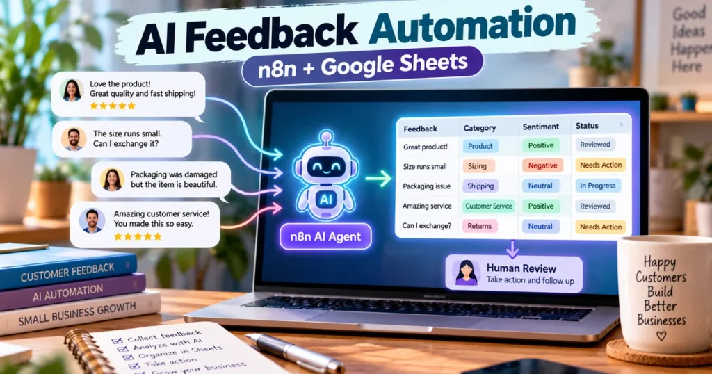 AI feedback automation illustration showing an n8n AI agent organizing customer comments in Google Sheets