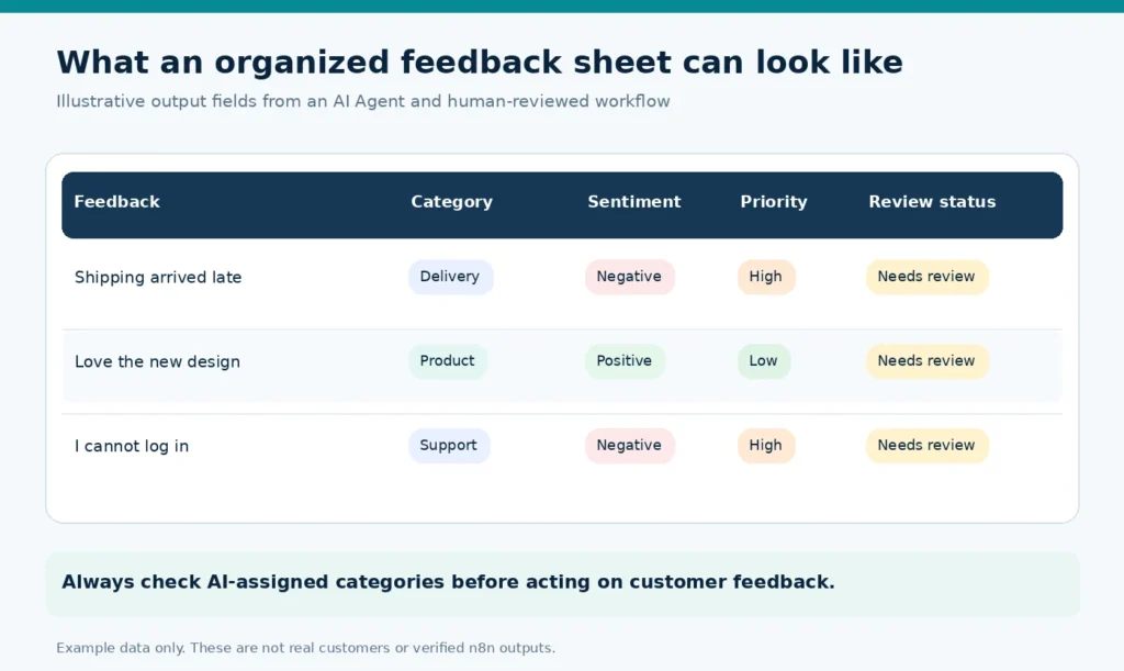 n8n AI agent with Google Sheets workflow showing customer feedback classification, human approval, and automated logging