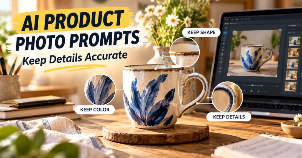 Handmade ceramic mug displayed beside a laptop in an illustration about AI product photo prompts and preserving details
