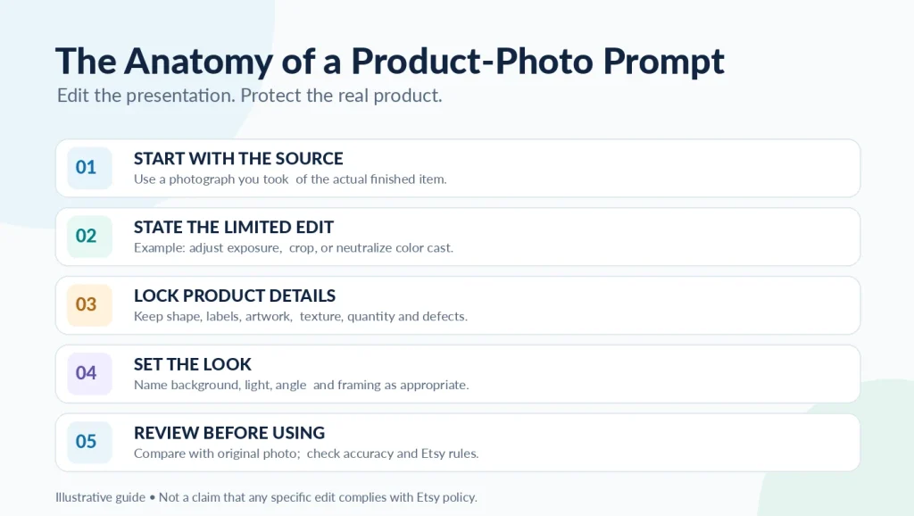 Five-part product photography prompt framework covering source image, limited edits, product details, visual style, and accuracy review