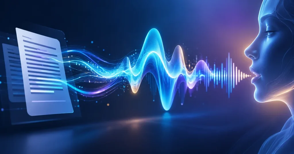 Conceptual illustration of written text transforming into a glowing audio waveform beside a digital human profile