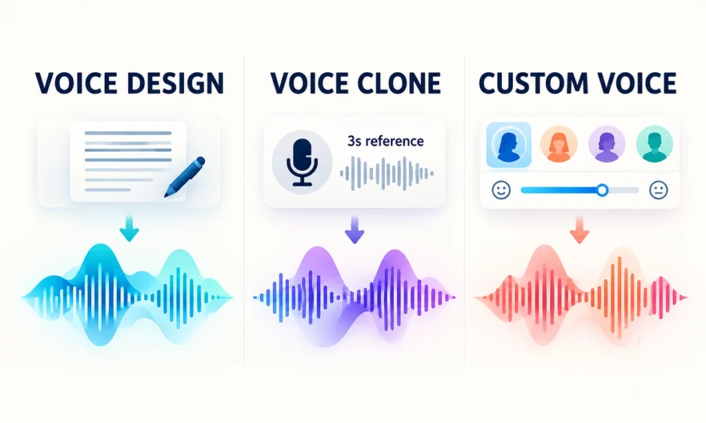 Illustration comparing Qwen3-TTS voice design, voice cloning with a three-second reference, and custom voice selection