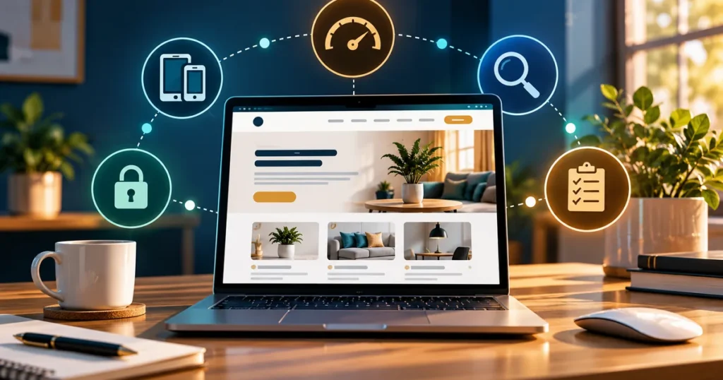 Small business website launch checklist illustrated by a laptop website and icons for security, speed, mobile, and search.