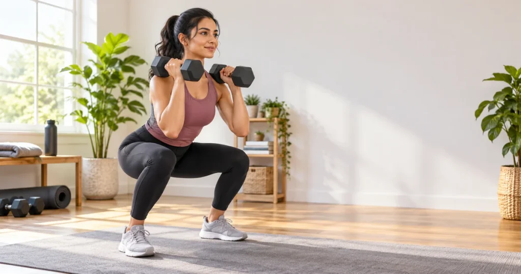 Woman performing a dumbbell squat in a bright home workout area