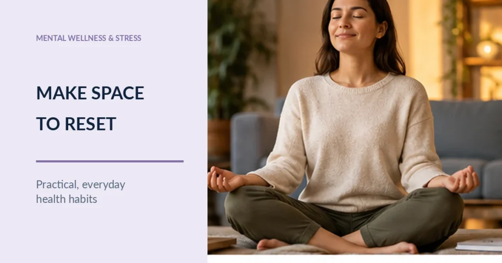 Woman seated indoors practicing a calm, comfortable breathing exercise