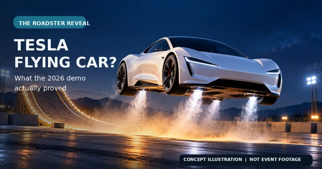 Concept illustration of a Tesla flying car above a test track, representing the 2026 Roadster demonstration, not actual event footage.