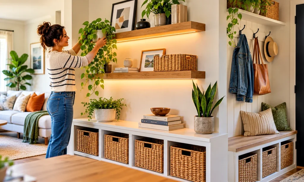 Inviting entryway with coat hooks, a storage bench and woven baskets