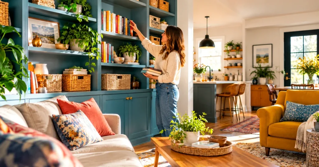 Warm, sunlit living room with teal shelving, baskets, plants and a woman organizing books