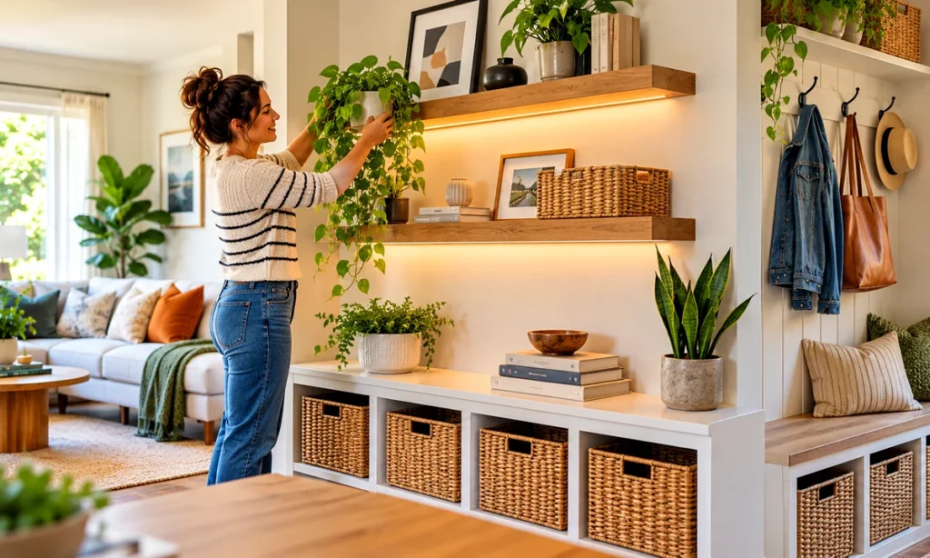 Sunlit living area with shelves, baskets and a practical entryway storage bench